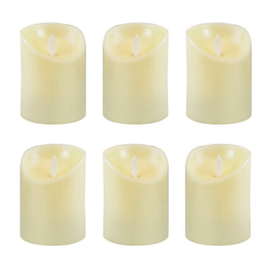 Set of 6 LumaBase battery-operated LED votive candles with flickering flame effect on a white surface.