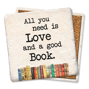 Tipsy Coasters & Gifts "All You Need Is Love and a Good Book" coaster with heart and book illustration on cork surface
