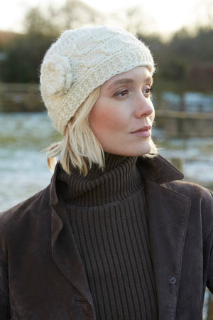 CLOTHING-Chamonix - Cream Cable Knit Crocheted Flower Beanie Hat - Pleasant Beach Living