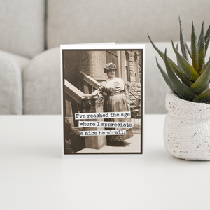 Greeting card by Raven's Rest Studio with "I Appreciate A Nice Handrail" message, featuring a handrail illustration.