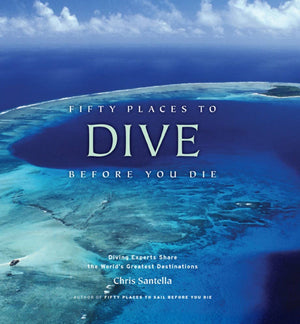 Aerial view of a turquoise ocean with a small island, text overlay: "Fifty Places to Dive."