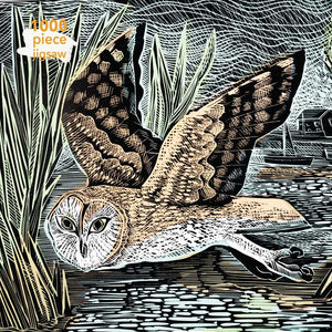 Adult sustainable jigsaw puzzle featuring Angela Harding's Marsh Owl artwork, with colorful owl and nature scene.