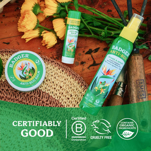 Badger Beauty Camping Mosquito Repellent spray, organic and Deet-free, in a spray bottle with natural ingredients visible.