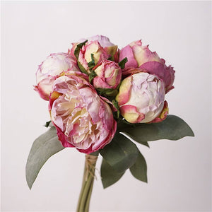 Silk peony floral bouquet with 7 stems, 12-inch tall, in vibrant spring colors, by Sweet Home Deco.