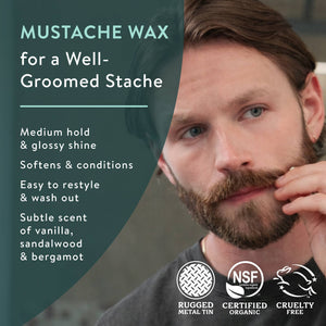 Badger Mustache Wax with medium hold, natural beeswax and botanical ingredients for styling and grooming mustaches.