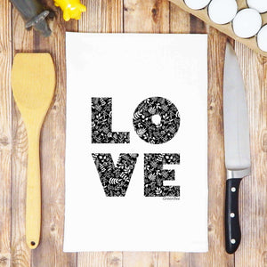 Green Bee Love kitchen towel with cheerful love-themed design, made of soft, absorbent tea towel fabric for kitchen use