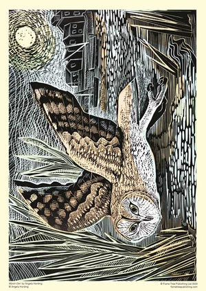 Adult sustainable jigsaw puzzle featuring Angela Harding's Marsh Owl design, with colorful owl illustration on puzzle pieces.