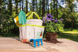 Toysmith kids garden tote kit with colorful beetle and bee toys, perfect for outdoor play and gardening activities.