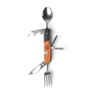 DM Merchandising Bunkhouse Pocket Picnic Fold-Out Camp Utensil with knife, fork, and spoon for outdoor dining and camping activities.