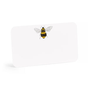 White card with a small, detailed illustration of a bee with yellow and black stripes and clear wings.