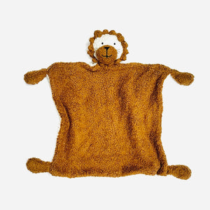 Brown lion-shaped plush blanket with a smiling face on top, set against a white background.