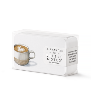Set of Latte Little Notes® notecards by E. Frances Paper featuring beige and brown latte coffee cup illustrations on cream-colored paper