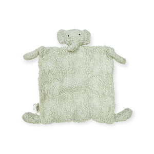 Soft, gray elephant-shaped plush toy with a square body, floppy ears, and small limbs.