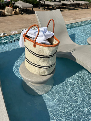 BAG/TOTE-White Mifuko Kiondo Kenya Bag with Navy stripes Premium brown Leather Rim and Straps. - Pleasant Beach Living