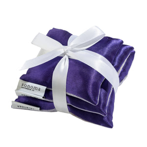 Three deep purple satin lavender sachets from Sonoma Lavender, square 5-inch size, filled with fragrant dried lavender.