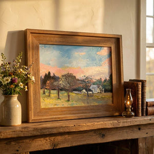 Original oil painting of a summer farmhouse by artist Kathy Levine, featuring vibrant rural scenery in warm tones.