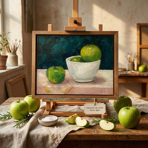 Painting of green apples in a bowl on an easel, surrounded by real apples and rosemary sprigs.
