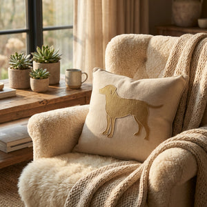 Cozy chair with a beige dog pillow, knit blanket, and wooden table with potted succulents.