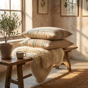 Cozy bench with striped pillows, fluffy rug, potted plant, and cup in sunlit rustic room.