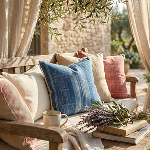 Wooden bench with blue and red cushions, lavender bouquet, and books under olive branches.