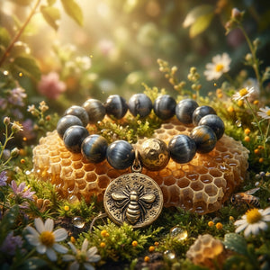 Beaded bracelet with bee charm on honeycomb, surrounded by flowers and greenery in sunlight.