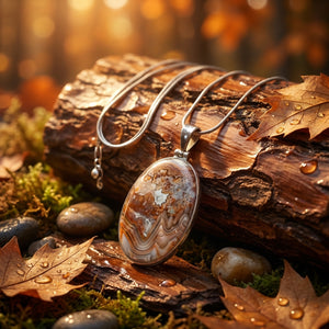 Pendant with swirling patterns on chain, resting on wet log with autumn leaves and stones.
