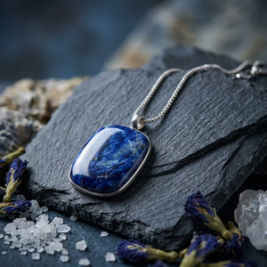 Blue gemstone pendant on silver chain, set on dark slate with salt crystals and dried lavender.
