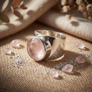 Silver ring with large pink gemstone on burlap, surrounded by small pink stones and glitter.