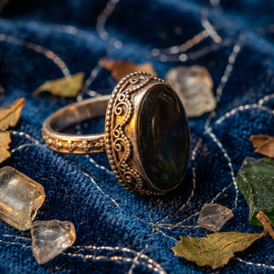 Sterling silver ring with blue and purple stones and intricate scroll details, showcasing elegant jewelry design.