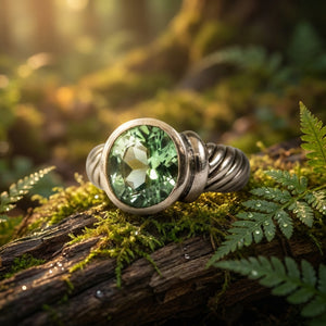 Silver ring with a large green gemstone on mossy wood, surrounded by ferns in warm sunlight.