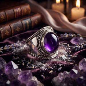 Silver ring with a large purple gemstone on a velvet cloth, surrounded by crystals and candles.