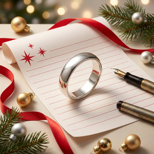 Silver ring on lined paper with red stars, surrounded by red ribbon, pen, ornaments, and pine.