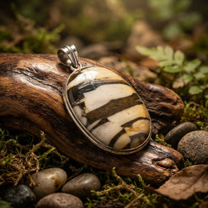 Pendant with brown, white, and black patterns on wood and moss, surrounded by small stones.