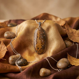 Oval stone pendant on silver chain, surrounded by brown and gold fabric, pebbles, and dry leaves.