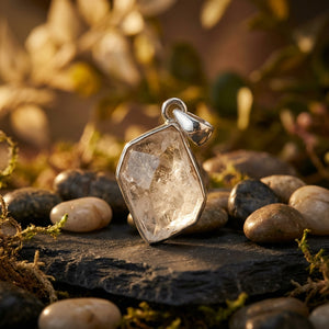 Silver-framed crystal pendant on slate with scattered pebbles and soft, blurred autumnal background.