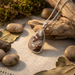 Silver necklace with teardrop stone pendant on driftwood, surrounded by pebbles and leaves.