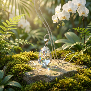 A crystal pendant on a chain glistens on a mossy rock, surrounded by ferns and white orchids.