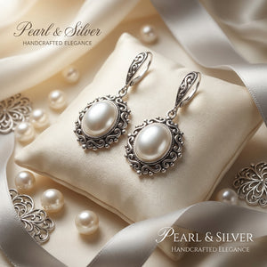 Elegant silver and pearl earrings on a cream cushion, surrounded by pearls and silver accents.