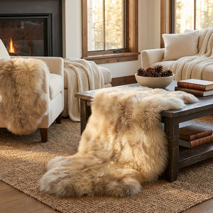 Cozy room with beige sofas, fur throws, a fireplace, and a wooden table with books and a pinecone bowl.