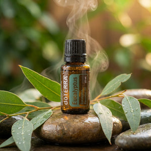 A brown essential oil bottle on wet stones with eucalyptus leaves and steam rising around it.