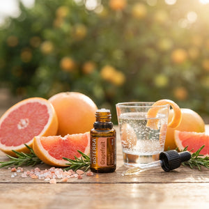 Grapefruit slices, essential oil bottle, glass of sparkling water, rosemary, and pink salt on table.