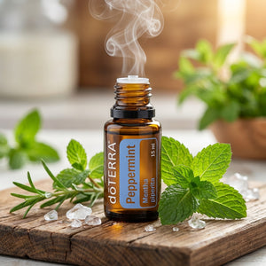 Brown bottle of peppermint oil with steam and fresh mint leaves on wooden board.