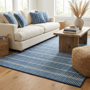 Navy blue Samson washable rug by AnS featuring a geometric dash and Albert pattern, 2x3 feet in size.