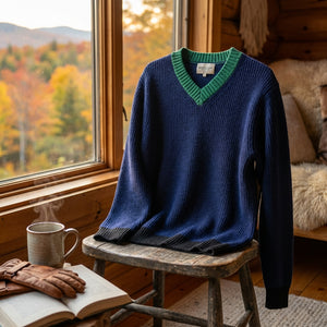Blue sweater with green collar on chair by window, fall foliage outside; mug, gloves, book nearby.