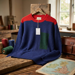Blue sweater with red shoulders and a green pocket, hanging in a rustic room with spools of yarn.