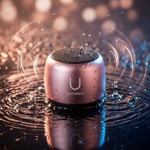 Rose gold speaker with water droplets and ripples on a reflective surface, set against a blurred bokeh.