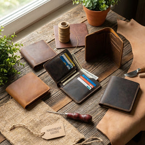 Leather wallets on a wooden table, surrounded by plants, twine, tools, and a "Handmade Goods" tag.