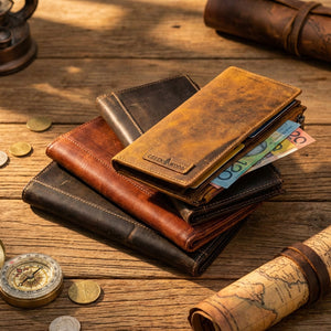 Stacked leather wallets on wooden surface, surrounded by coins, a compass, and a rolled map.