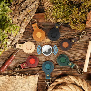 Genuine leather AirTag case and keychain by American Leather Goods, with a sleek leather strap and secure holder for AirTag.