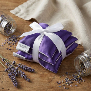 Three deep purple satin lavender sachets, 5-inch square, from Sonoma Lavender, featuring lavender scent and decorative design.